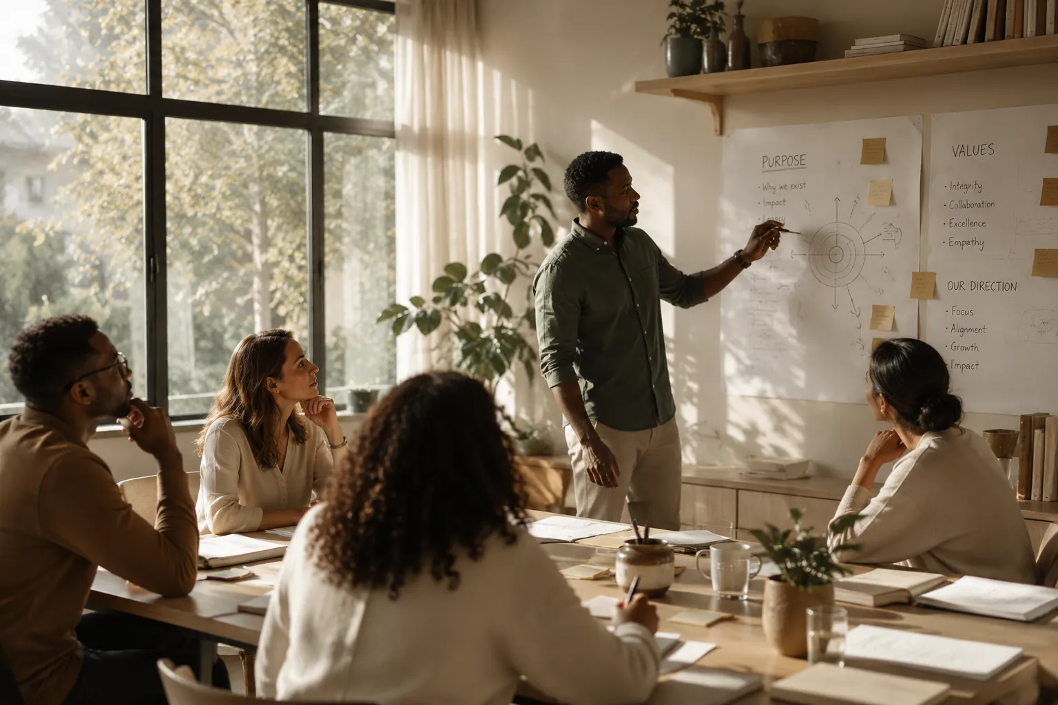Businessman presenting to colleagues pointing at charts about purpose and values on office wall.