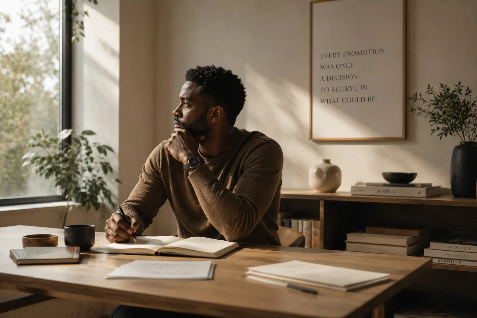 Man in brown sweater sitting at wooden desk, writing in notebook and looking thoughtfully out window.