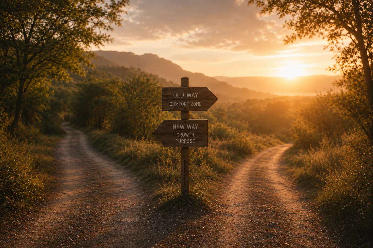 Forked dirt road at sunset with signs saying Old Way Comfort Zone right, New Way Growth Purpose left.