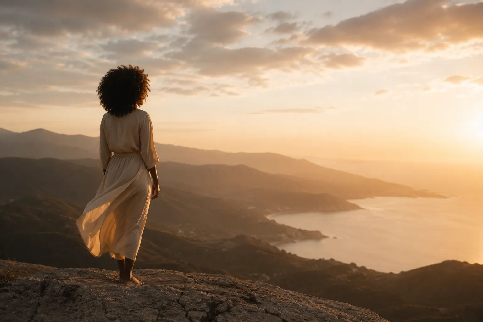 Woman in a flowing dress standing on a rocky cliff overlooking a mountain and sea sunset.