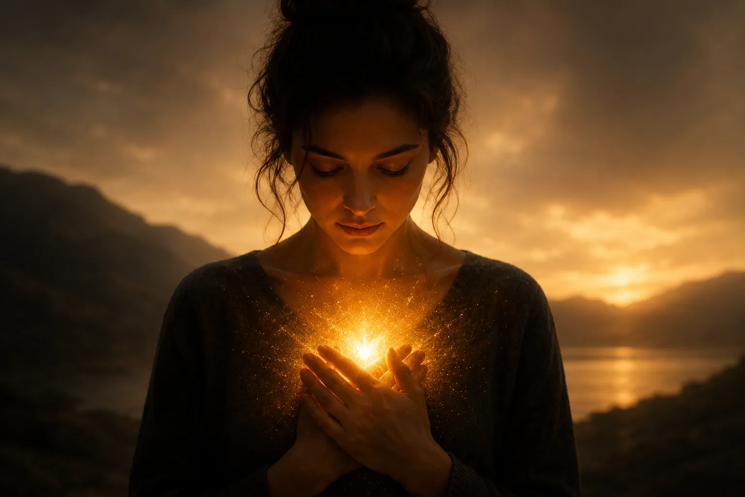Woman holding a glowing light with sparkles close to her chest at sunset in a mountainous area.