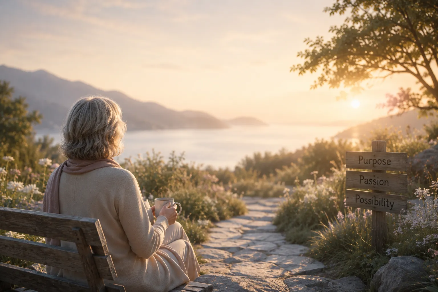 Woman sitting on bench holding a mug, facing a sunrise over mountains and water with a wooden sign nearby.