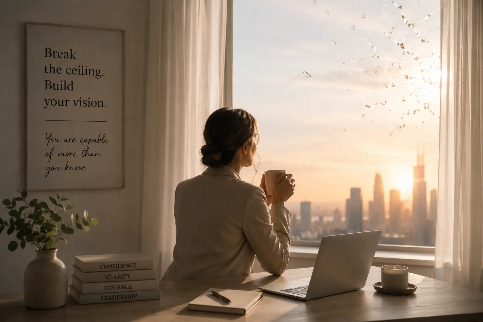 Woman holding a mug, looking out a window at a city skyline during sunset with shattered glass nearby.