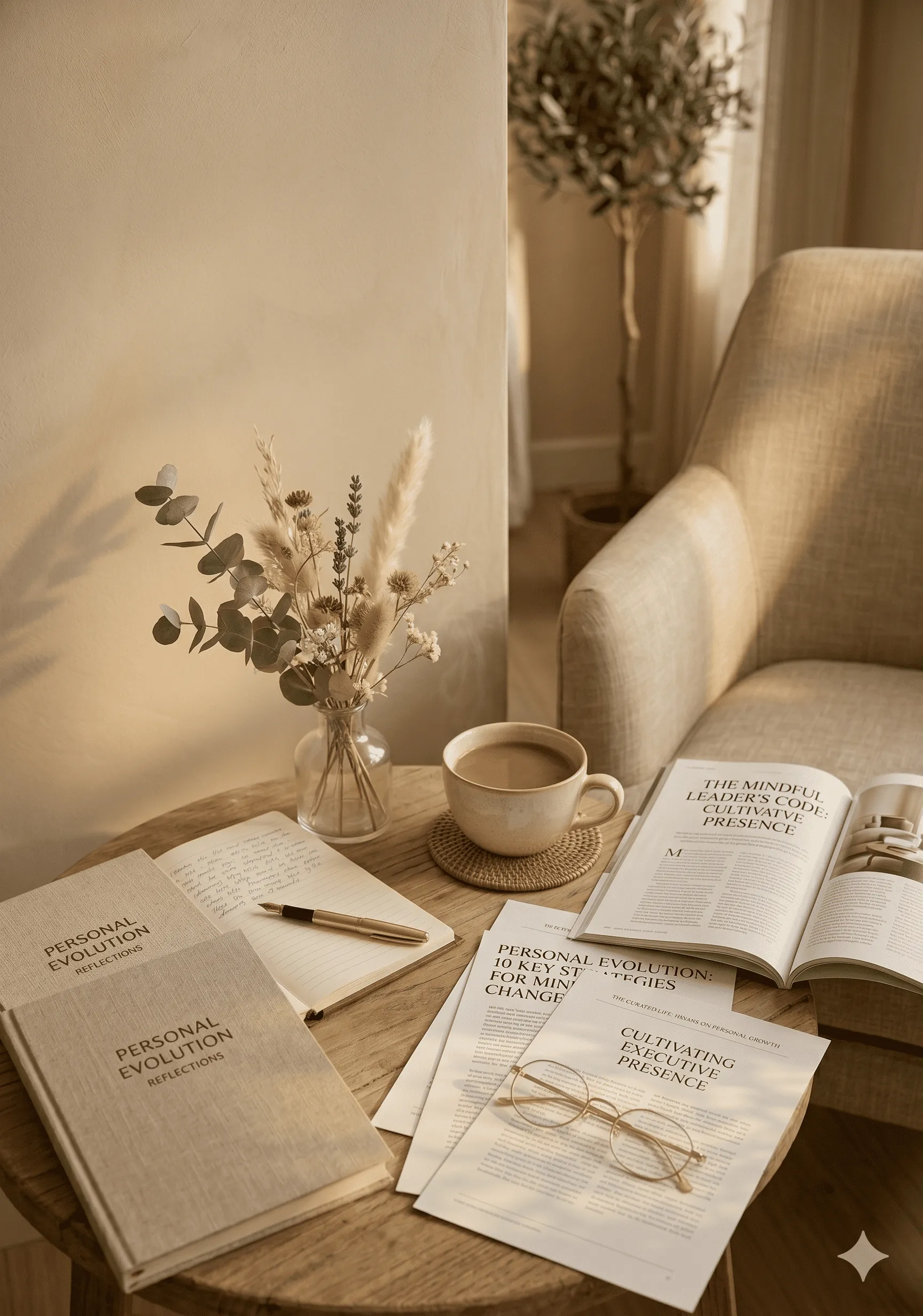 Wooden table with a vase of dried flowers, coffee cup, open book, papers, eyeglasses, and notebooks.