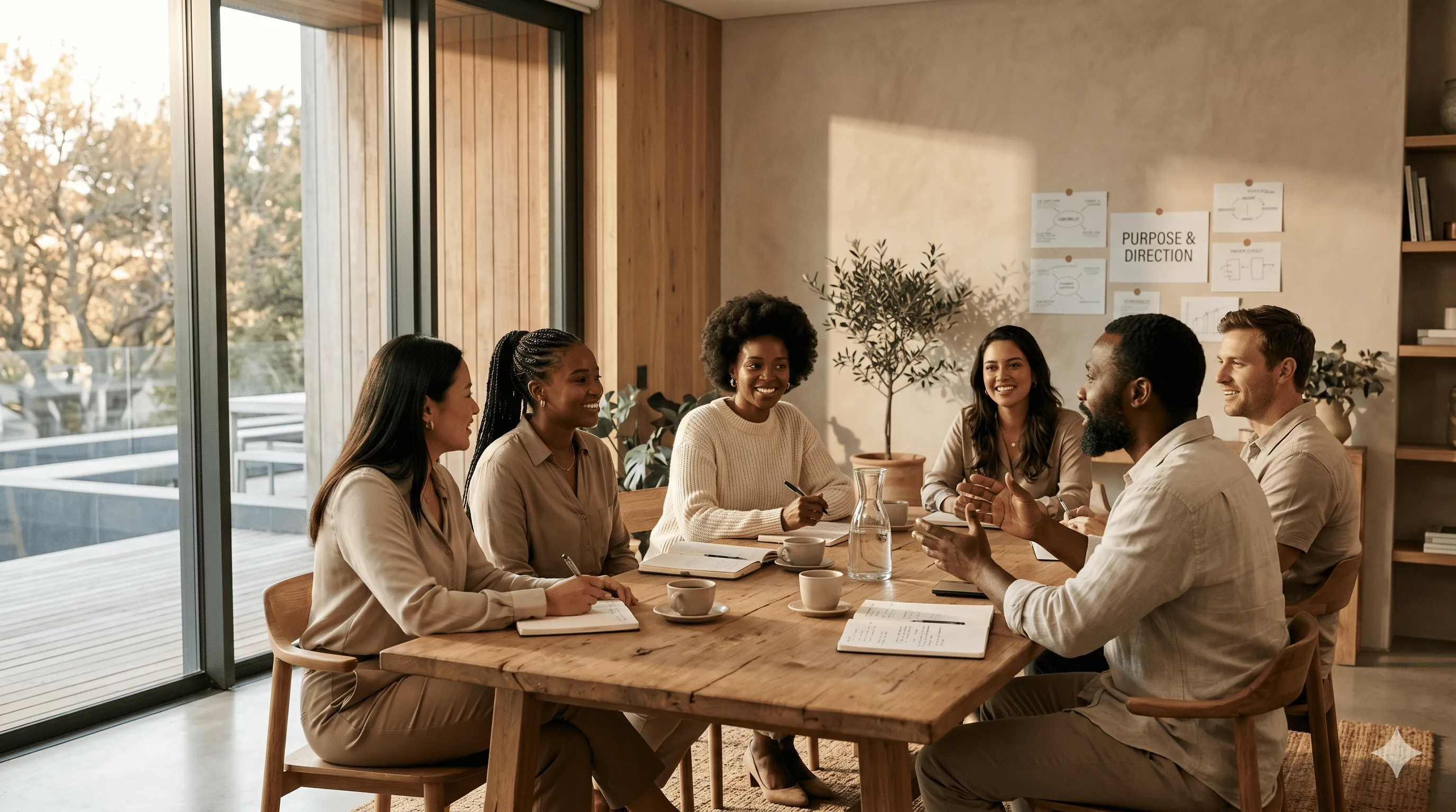 Six diverse professionals having a meeting around a wooden table in a bright office space.