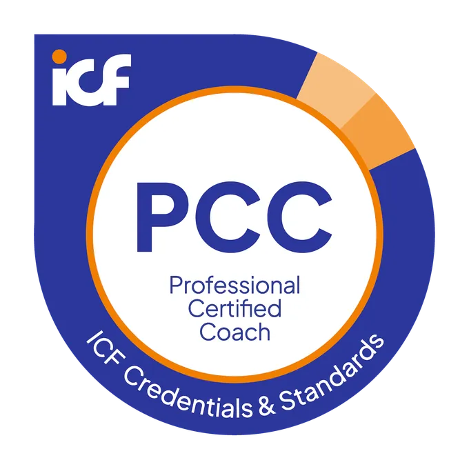 ICF PCC badge for Professional Certified Coach with ICF Credentials & Standards text.